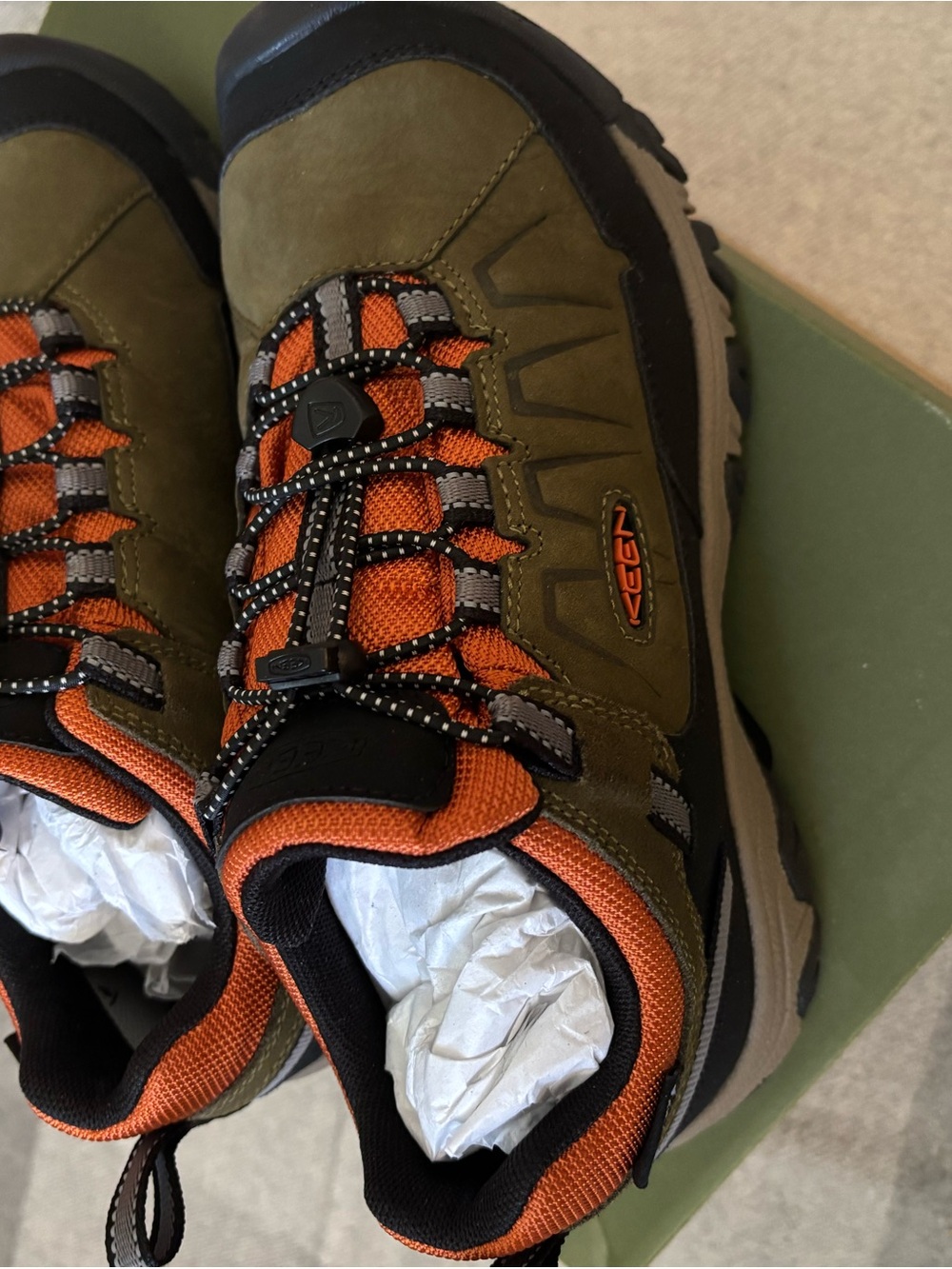 Keen Men's Olive Green and Orange Trail Sneakers